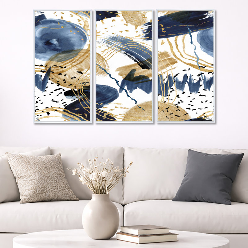 Motif abstrait avec textures bleu foncé et or - ensemble d'art moderne sur toile encadrée moderne de 3, Blanc