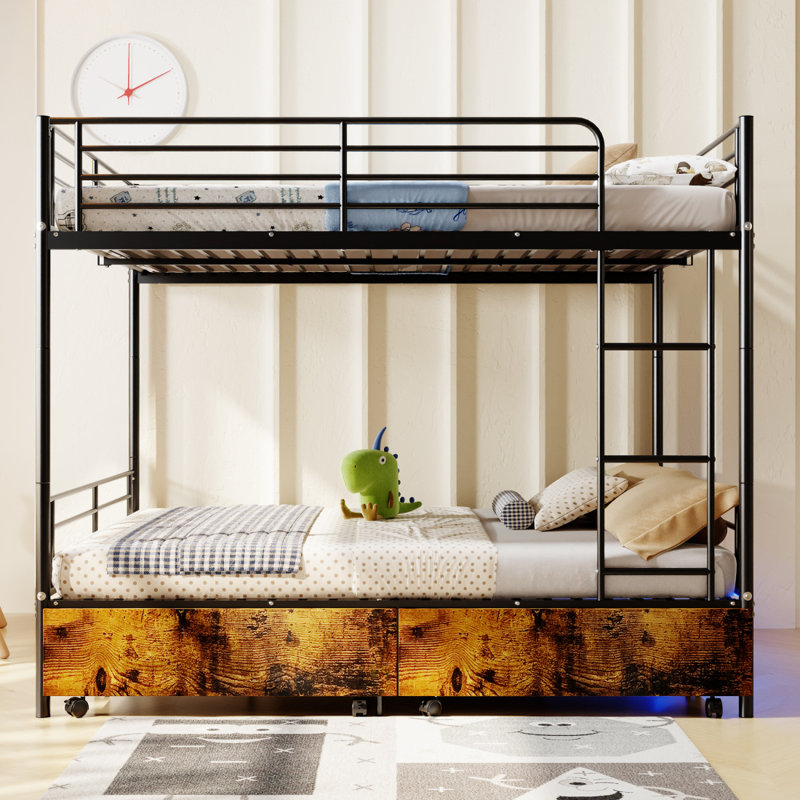 Lit superposé avec station de charge USB, capable de se séparer, lit superposé en métal, espace de rangement, lit avec barrière de sécurité et échelles, aucun sommier nécessaire