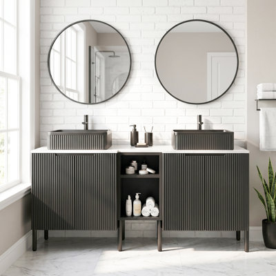 Meuble-lavabo double autoportant en bois aggloméré 60 po avec comptoir en céramique avec tablette ouverte de 12 po