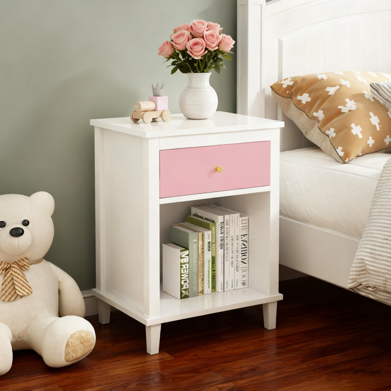 26.77''H Wooden Nightstand with One Drawer One Shelf Night Table Wood Side Table With Drawer, Pink/White