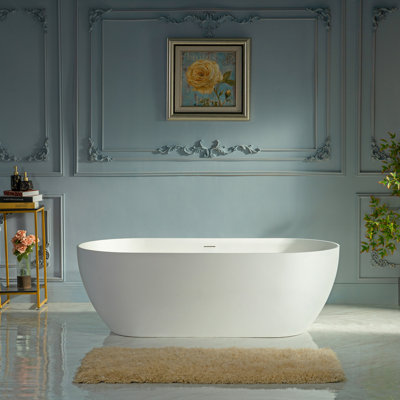 67" Stone Resin Freestanding Soaking Tub, Modern Oval Solid Surface Bathtub with Integrated Slotted Overflow & Drain