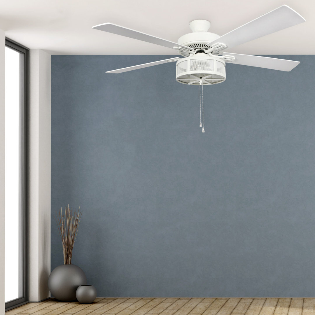 52" 5 - Blade Farmhouse White Ceiling Fan with Pull Chain and Light Kit Included Red Barrel Studio®