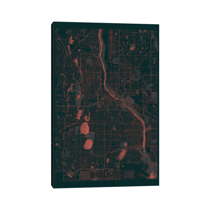 Minneapolis Infrared Urban Blueprint Map 1 Piece Wrapped Canvas Painting, 101.6 cm H x 66.04 cm W x 1.91 cm D