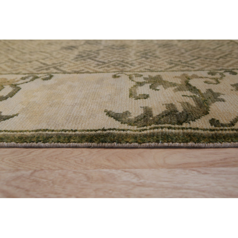 Green Hand-Knotted Wool Scrolled Leaf Border Geometric Modern Contemporary Carpet Rug, 9' x 12'