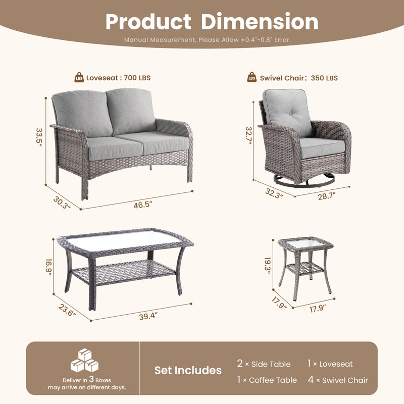 8-Piece Wicker Patio Conversation Set with Swivel Rocking Chairs and Tables, Dark Gray