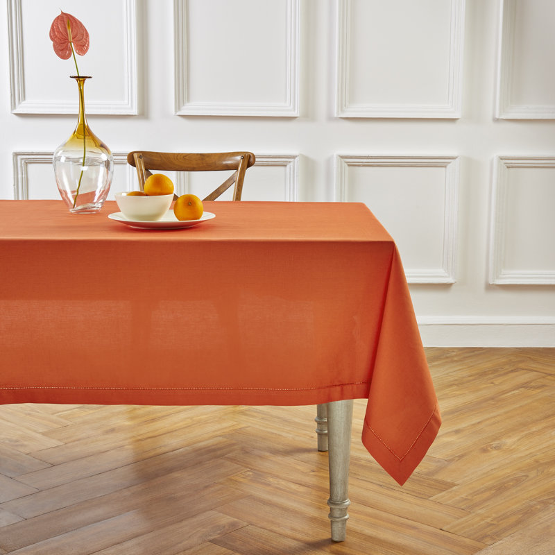 Cotton Linen Hemstitch Tablecloth, 84" x 60", Burnt Orange