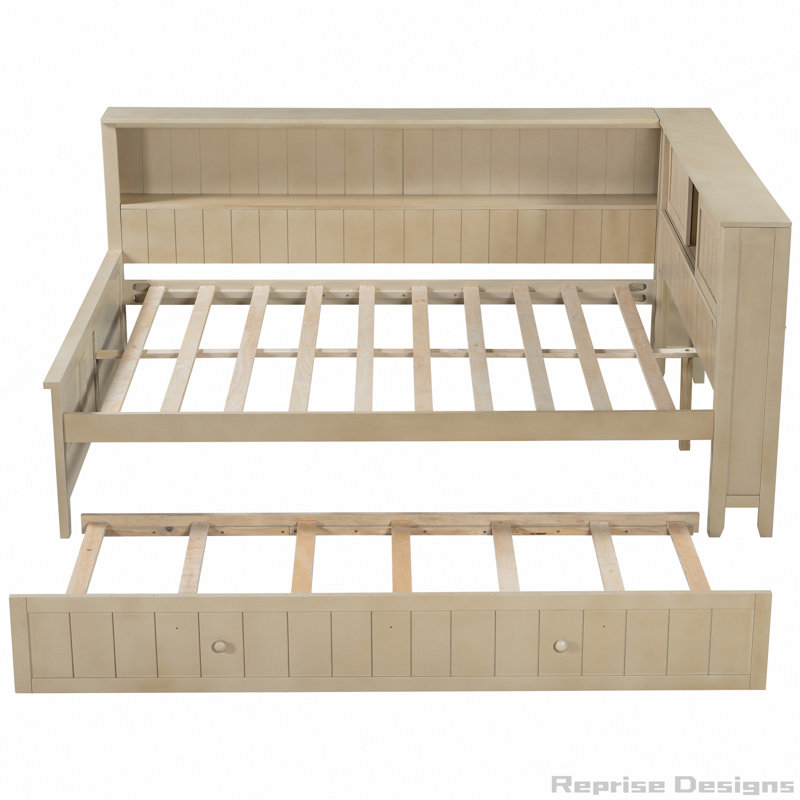 Lit de jour en bois avec tablettes de rangement et lit gigogne