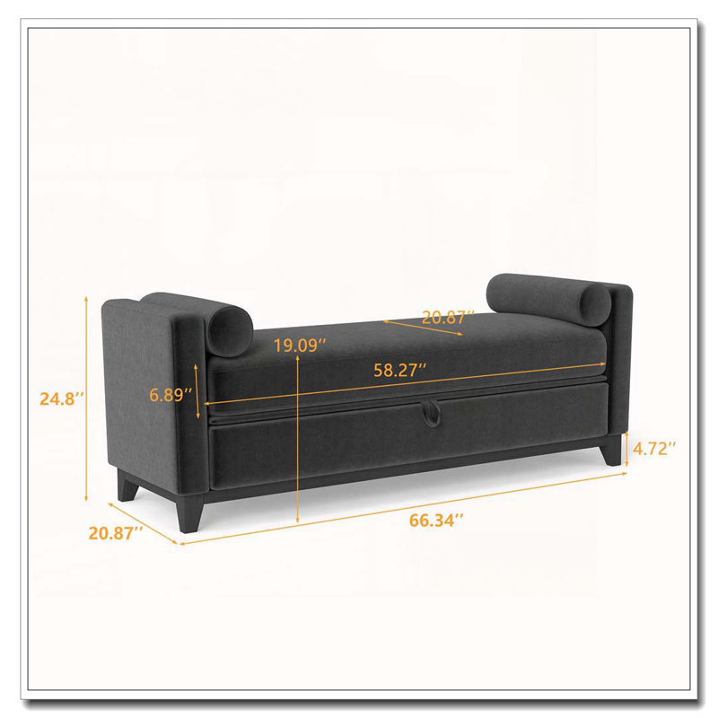 Banc rembourré en bois massif, 66 Inch+Storage, Black