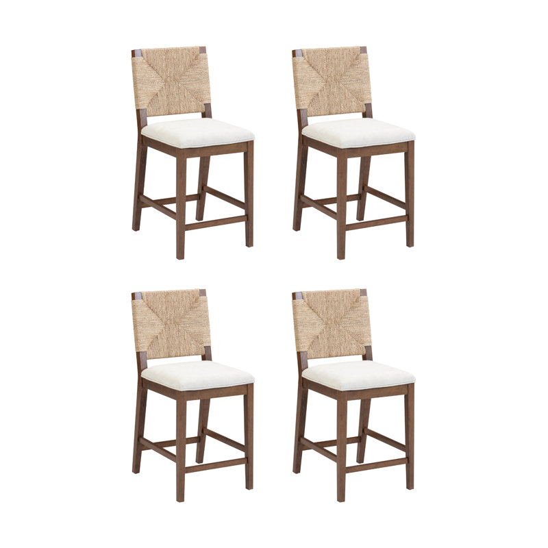 Tabouret de bar rembourré Seagrass avec structure en bois massif, paquet de 4, Crème / brun foncé, 4