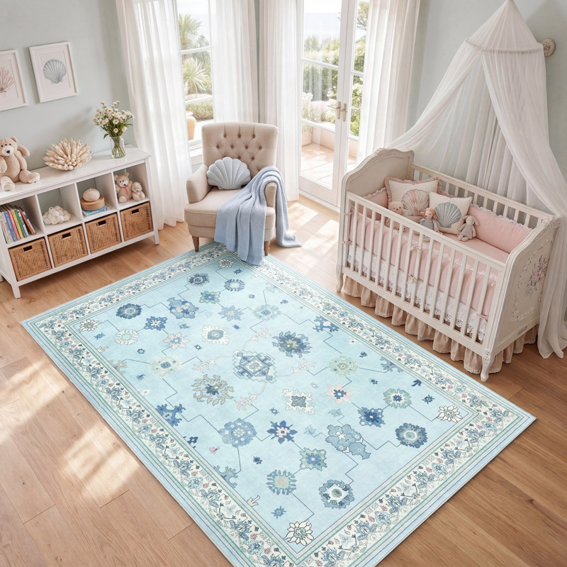 Boho Washable Area Rugs for Living Room, Farmhouse Non-Slip Carpet, Blue, Rectangle 5' x 7'