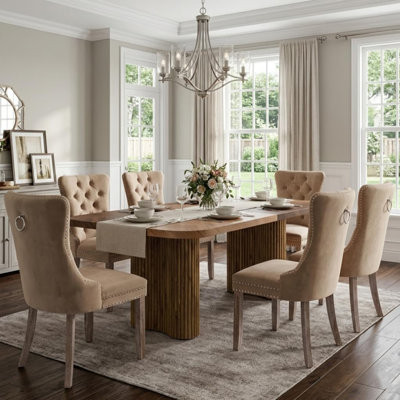79'' Modern Farmhouse Dining Table Set for 6, Rectangular Wood Dining Table with Two-Tone Top & Upholstered Velvet Chairs