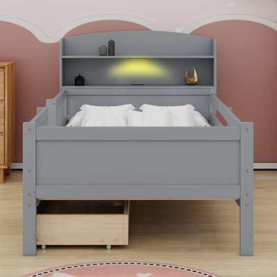Lit plateforme en bois avec éclairage à DEL intégré, tête de lit multifonctionnelle, garde-corps et 2 tiroirs