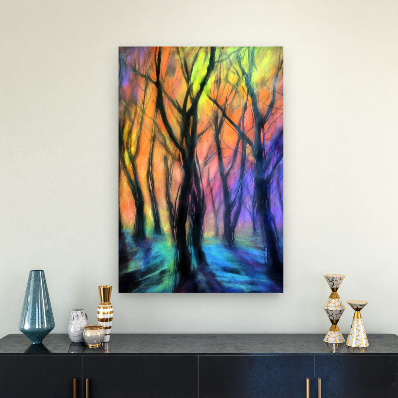 «Enchanted Forest Lights», art dramatique abstrait coloré, paysage de forêt, H 36 po x l 24 po