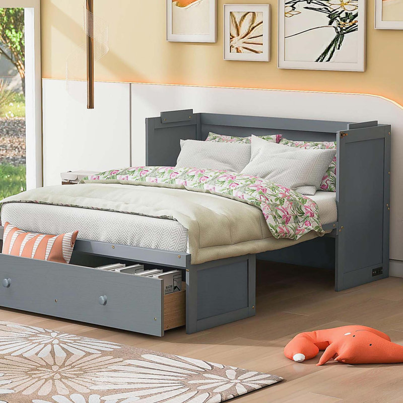 Full Size Murphy Bed with USB Port and a Large Drawer, Grey, Grey, Full