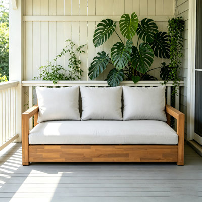 Patio Acacia Wood 3-seater Sofa Outdoor Low Seating Daybed for Poolside,Backyard,Deck, Front Porch,Indoor Use, Teak+Light Gray