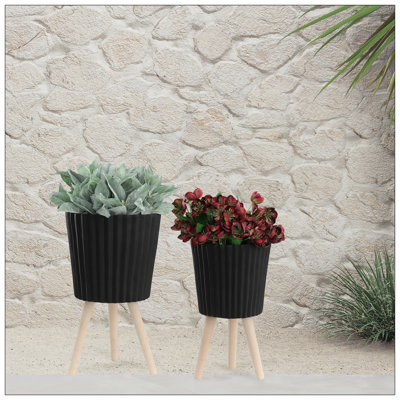 S/2 10/12" RIDGED PLANTER W/ WOOD LEGS, BLACK (KD)