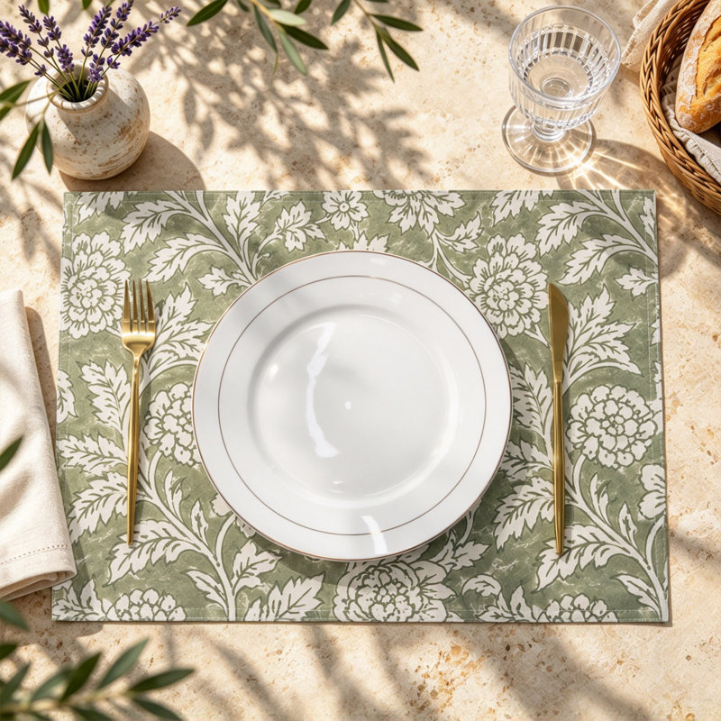 Ensemble de table rectangulaire à motif floral en coton 100 %, Sage Green