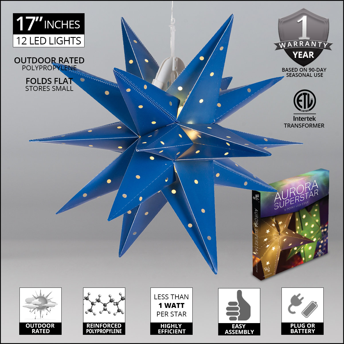 LED Lantern, Blue, 17" H x 17" W x 17" D