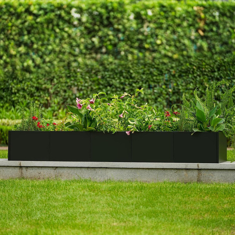 Modern Black Steel Raised Garden Bed, Extra Long Planter Box with Removable Dividers, 12" H x 68" W x 18" D