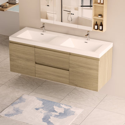 Meuble-lavabo mural 60 po avec lavabo, meuble-lavabo mural 60 po avec lavabo double en résine et tiroirs
