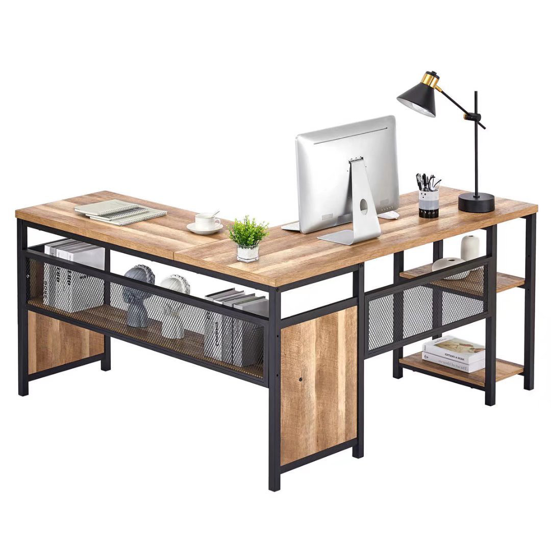 17 Stories L Shaped Computer Desk, Industrial Office Desk With Shelves, Rustic Wood And Metal
