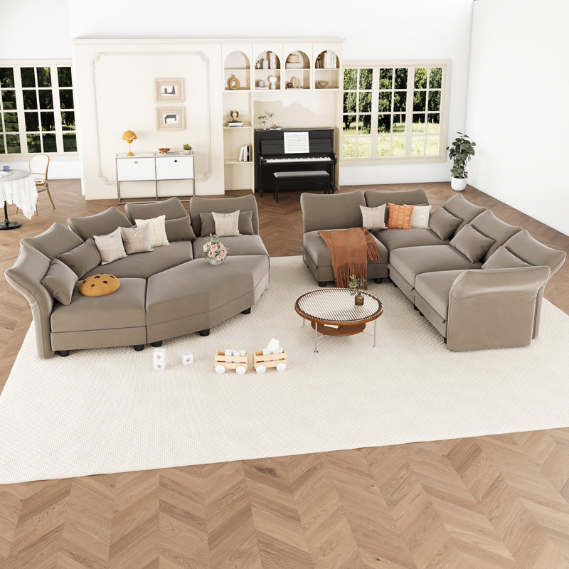 Canapé modulaire de coin en L en chenille avec repose-pieds Ahren, Velours brun