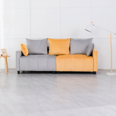 Elegant 2 In Gray And Yellow Velvet, 82" Modern Sectional With Medium-Soft Seat Plushness, Living Room Velvet Grey & Yellow, Comfortable S-Shaped Spring Support, Luxury Feature