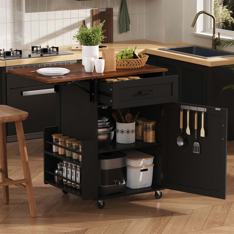 Îlot de cuisine de 39,3 pouces avec abattant, support latéral ouvert, tiroir, porte-serviettes et roulettes verrouillables pour un rangement et une mobilité efficaces
