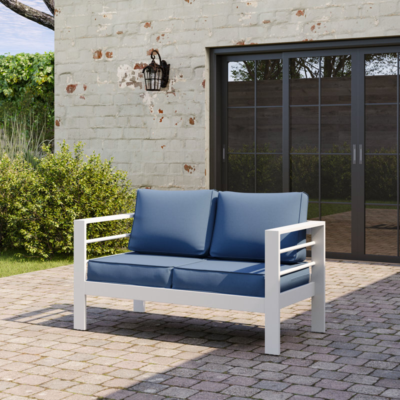 Aluminum Loveseat With Cushion, Navy, White