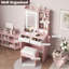 Coiffeuse rose avec miroir et éclairage DEL – 5 tiroirs, étagères ouvertes, grand espace de rangement, station de recharge, prises électriques, ports USB, tabouret rembourré – Table de toilette moderne pour chambre à coucher – Couleur : rose-540193214