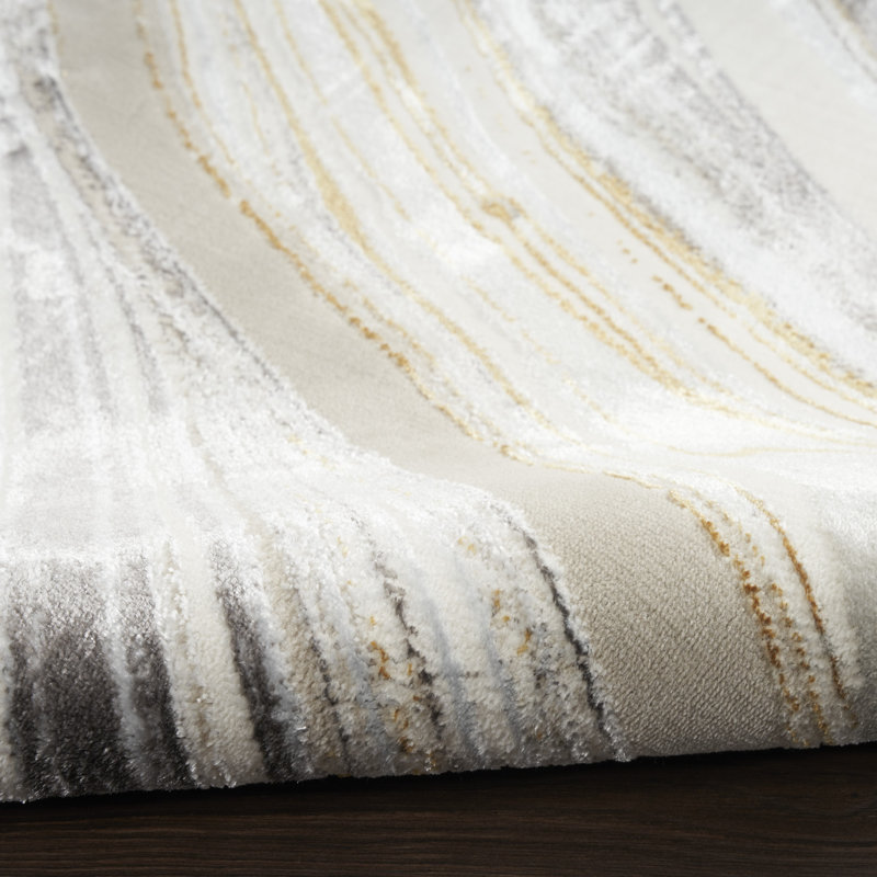 Blerona Abstract Machine Woven Polyester Area Rug in Gray/Gold/Silver, Runner 2'3" x 7'6"