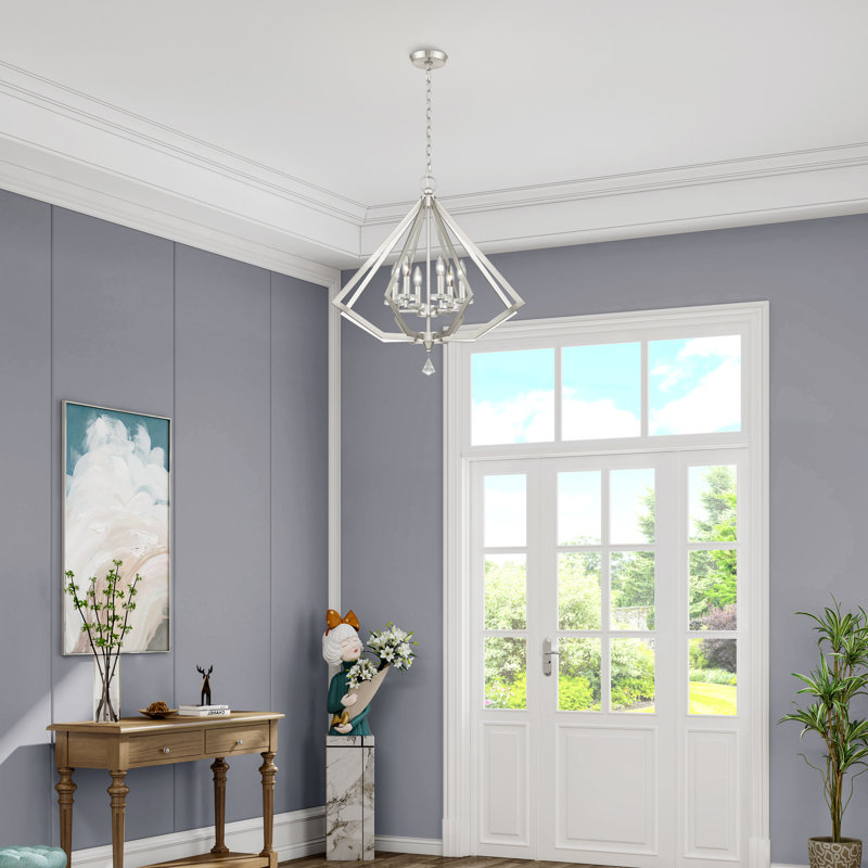 Zyvon Steel Dimmable Lantern Geometric Chandelier, Brushed Nickel, 4, 26" H x 25" W x 25" D
