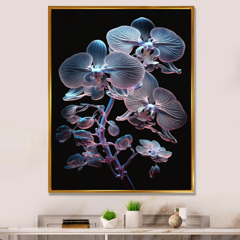 Orchidée blanche lumineuse avec lueur mauve IV - reproduction sur toile, L 12 po x H 20 po, Cadre flottant doré