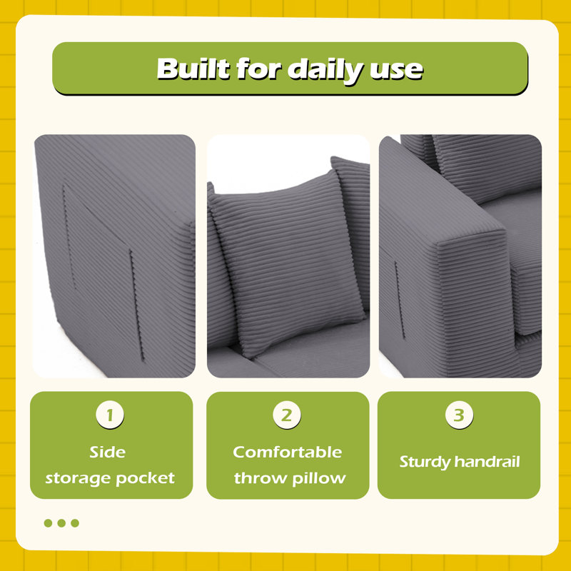 10-In-1 Convertible Sofa Sectional ,Corner Couch , Convertible Floor Sleeper Sofa, Dark Gray Corduroy