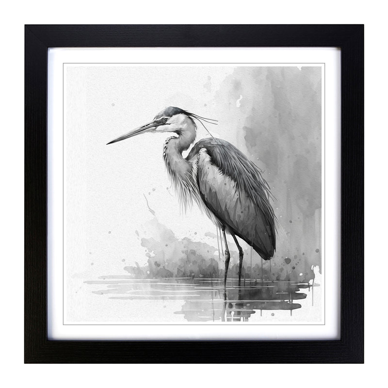 Heron Ink Wash - Framed Print, Black