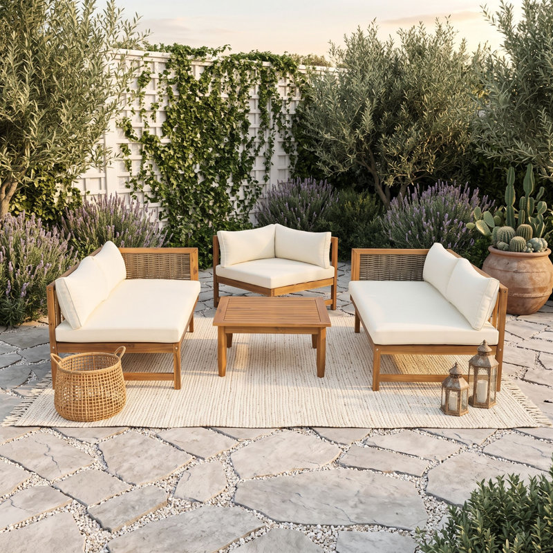 Ensemble de conversation modulaire en bois d'acacia et osier avec coussins et table, Mélange brun et teck beige