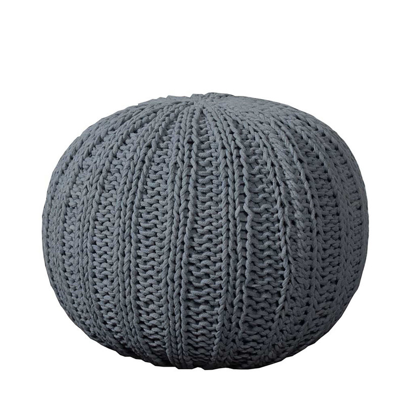 20" Beige Cotton Round Pouf Ottoman, Gray
