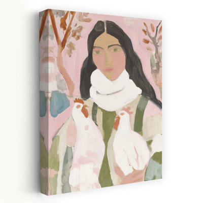 Woman Holding Chickens Peaceful Rustic Serene Bird Portrait Landscape Wall Art Print by Mathieu - Wrapped Canvas Print