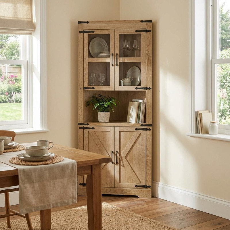 69" Tall Triangle Corner Cabinet with Glass Doors & Open Shelf, 6-Tier Space Saver Storage for Bathroom, Living Room, Kitchen, Hallway