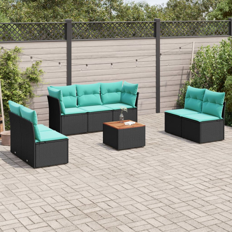 Ensemble de canapé de patio 8 pièces avec coussins en rotin de polyester, Bleu clair, Noir