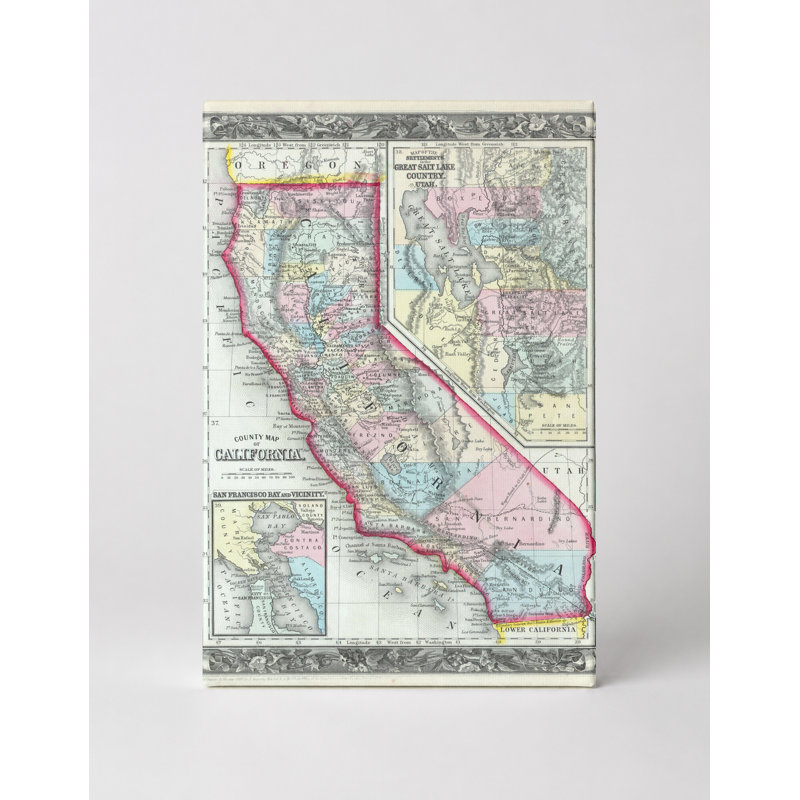 County Map of California (1860) - Art mural sur toile, 20" W x 16" H