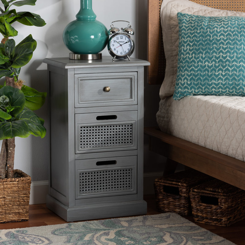 Sheldon Grey Wood and Synthetic Rattan 3-Drawer Nightstand