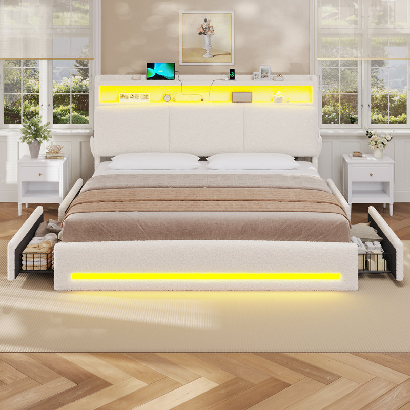 Upholstered Bed Frame With 4 Drawers, King, Cream White