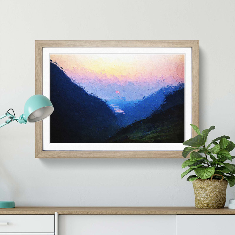 Sunset in Snowdonia in Wales in Abstract - Picture Frame Painting Print, 27cm H x 36cm W x 2cm D, Oak Framed