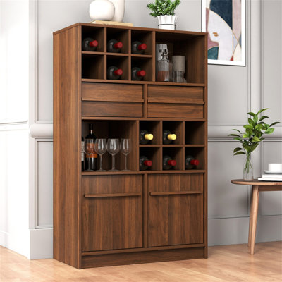 Modern Wine Bar Cabinet, Buffet Sideboard with 12 Bottle Wine Rack, 2 Drawers & Double Door Storage, Liquor Cabinet Coffee Bar Station for Kitchen Dining Living Room, Walnut Finish