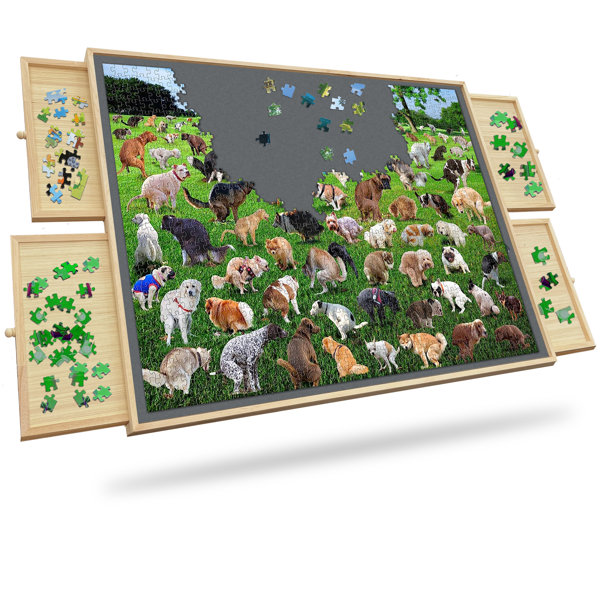 SkyMall Natural 1500 Piece Jigsaw Puzzle Board with Mat, 27 x 35 Wooden Jigsaw Puzzle Table & Organizer, 6 Puzzle