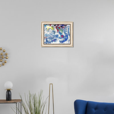Framed Canvas Wall Art Paris avec le Poisson Bleu(Paris with the Blue Fish) by Marc Chagall Giclee Print Dreamlike Romantic Painting Modern Home Decor(White Oak & Mineral Grey,22"x28")