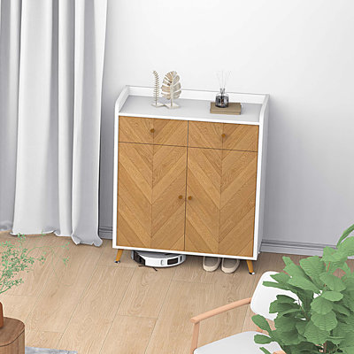 Range-chaussures à 4 niveaux avec 2 tiroirs, armoire à chaussures en bois avec 2 portes et tablettes réglables