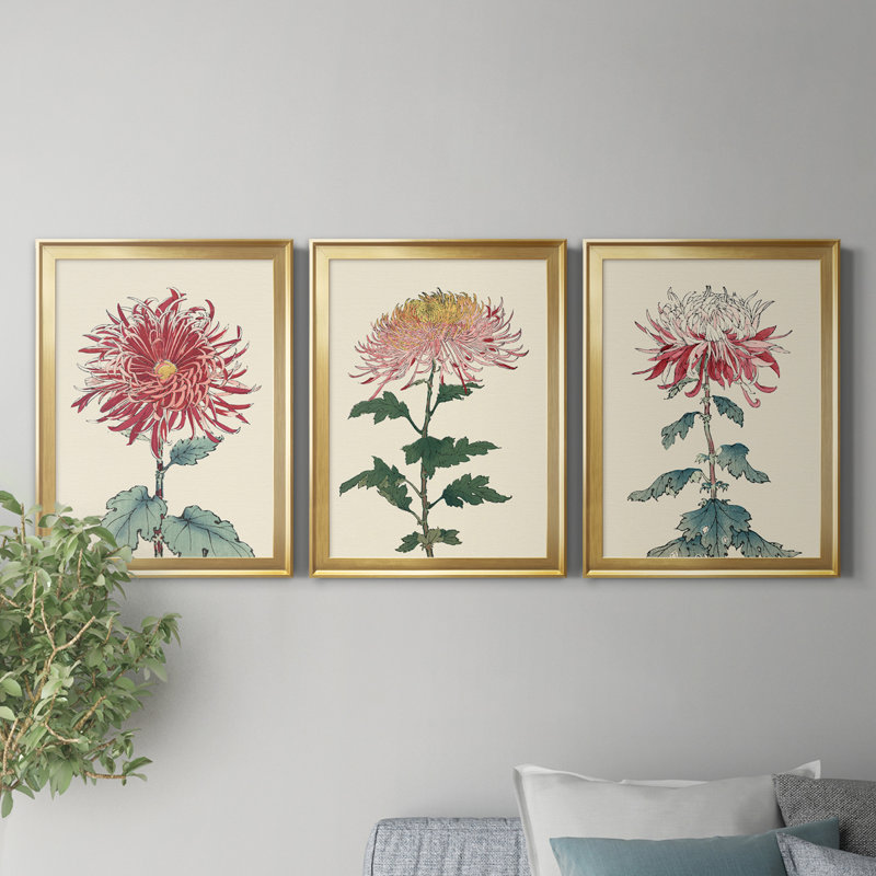 «Chrysanthemum Woodblock I», ensemble de 3 peintures sur toile encadrées, H 22,5 po x l 91,5 po x P 1,5 po, Doré