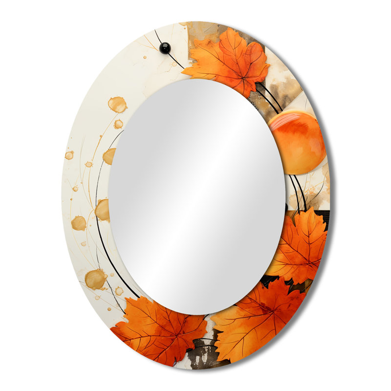 Orange And White Floral Radiance I - Large Oval Wall Mirror On Metal, 43" H x 33" W